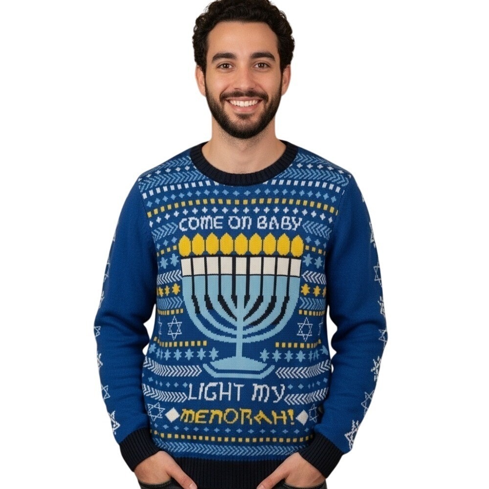 Come On Baby Light‎ My Menorah! Happy Hanukkah Blue Yellow Sweater Men's Medium